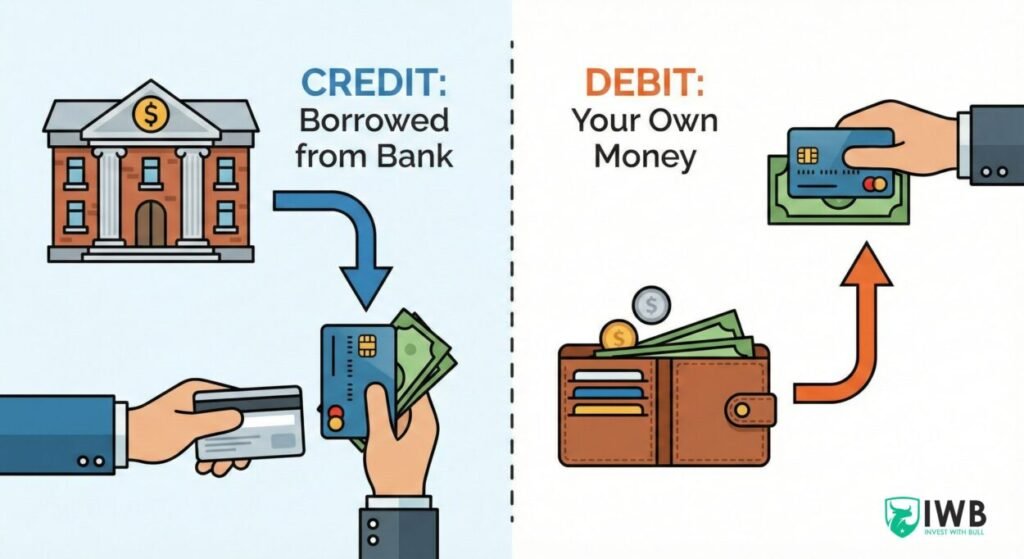 An educational split-screen infographic comparing Credit versus Debit. The left side, shaded in light blue, features a bank building with an arrow pointing to a credit card, labeled "CREDIT: Borrowed from Bank." The right side features a leather wallet with cash and coins, with an arrow pointing to a debit card, labeled "DEBIT: Your Own Money.