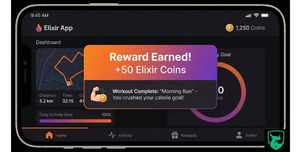 Elixir Card Review 2026: Is This the Best "Health" Card in India? 3 A smartphone screen showing the Elixir App dashboard in dark mode with a pop-up notification reading 'Reward Earned! +50 Elixir Coins' for completing a morning run. Elixir Card Review