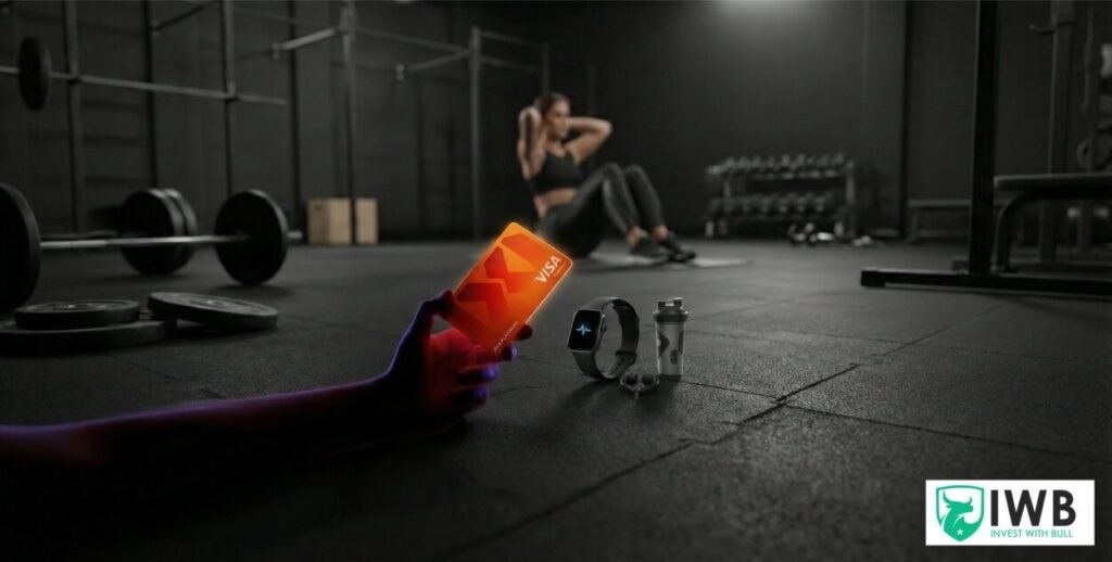 Elixir Card Review 2026: Is This the Best "Health" Card in India? 2 Glowing orange Elixir Visa prepaid card held next to a smartwatch and protein shaker on a dark gym floor, with a woman doing crunches in the background. Elixir Card Review