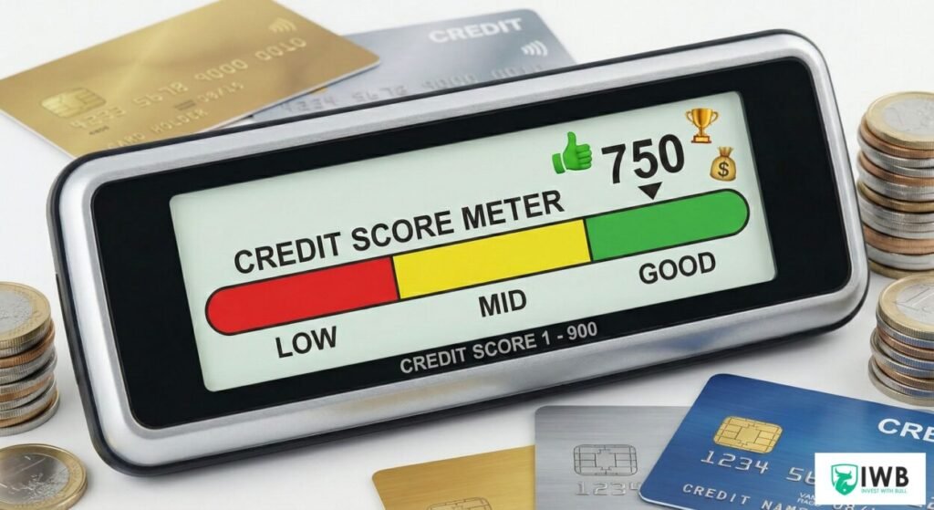 A 3D digital credit score meter showing a 'Good' score of 750 in the green zone. The meter ranges from 1 to 900 and is decorated with success emojis like a trophy and thumbs up, surrounded by platinum credit cards and stacks of coins.