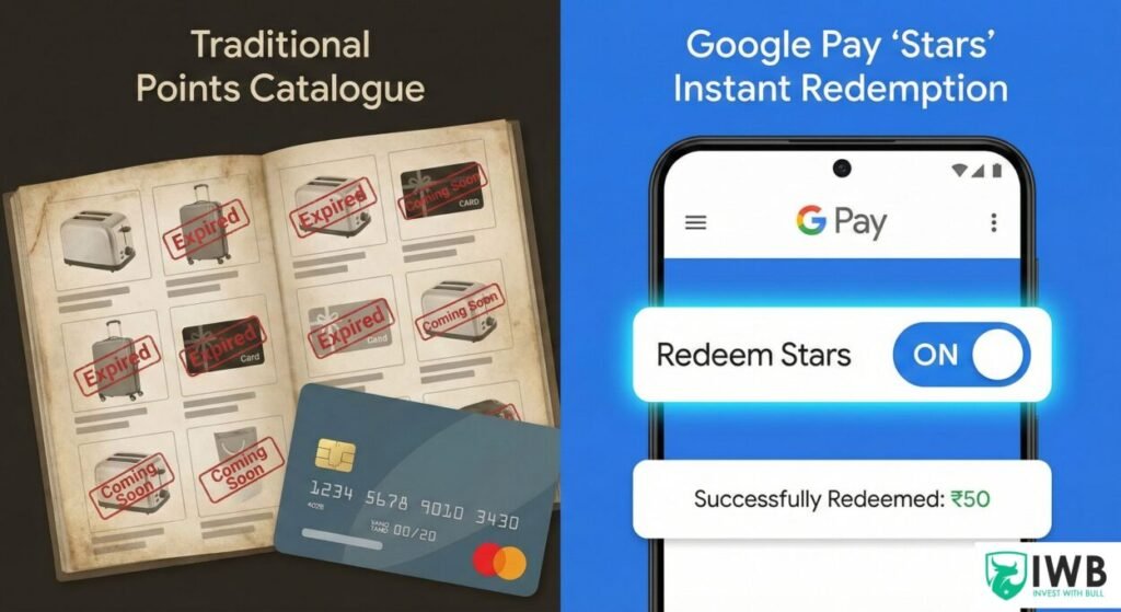 Split screen comparing an expired traditional credit card points catalogue with the instant Google Pay Stars redemption interface. Google Pay Flex Axis Bank Credit Card
