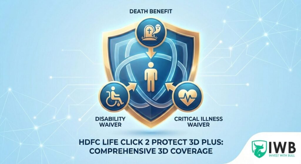 An infographic detailing the benefits of HDFC Life Click 2 Protect 3D Plus. A central shield is connected to three icons: a grave with 'DEATH BENEFIT', a person in a wheelchair with 'DISABILITY WAIVER', and a heart with 'CRITICAL ILLNESS WAIVER'. The Invest with Bull logo is in the corner.