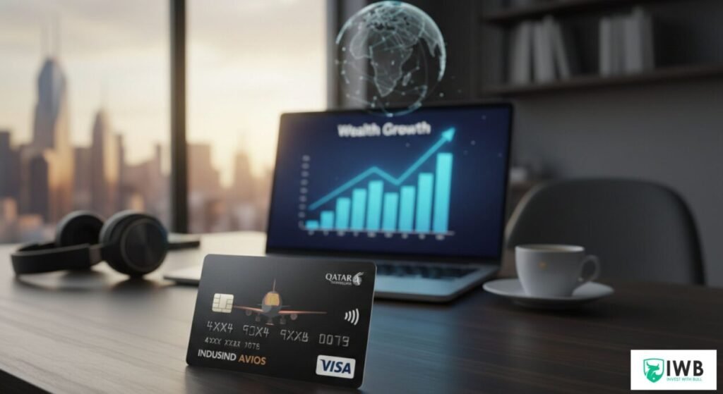IndusInd Avios Credit Card Review (Feb 2026): Still Worth It After the 40k Offer? 1 IndusInd Bank Avios Visa Infinite Credit Card on a desk with a laptop showing a wealth growth chart.
