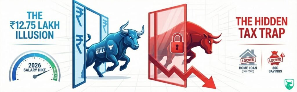 Neon blue and red cybernetic bulls facing off, representing the 2026 salary hike illusion versus the hidden tax trap, featuring locked icons for home loan and 80C savings. Union Budget 2026 Tax Slabs India
