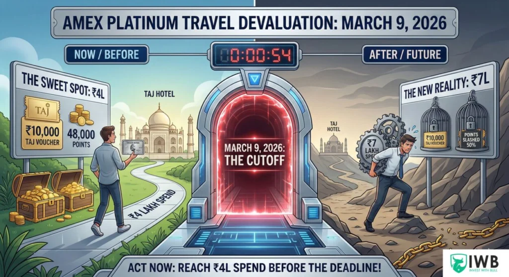 Amex Platinum Travel Devaluation: Why March 9, 2026, Changes Everything 1 A split-screen illustration depicting the Amex Platinum Travel Devaluation, contrasting the easy ₹4 Lakh spend milestone featuring a Taj voucher against the new, difficult ₹7 Lakh spend requirement taking effect March 9, 2026.
