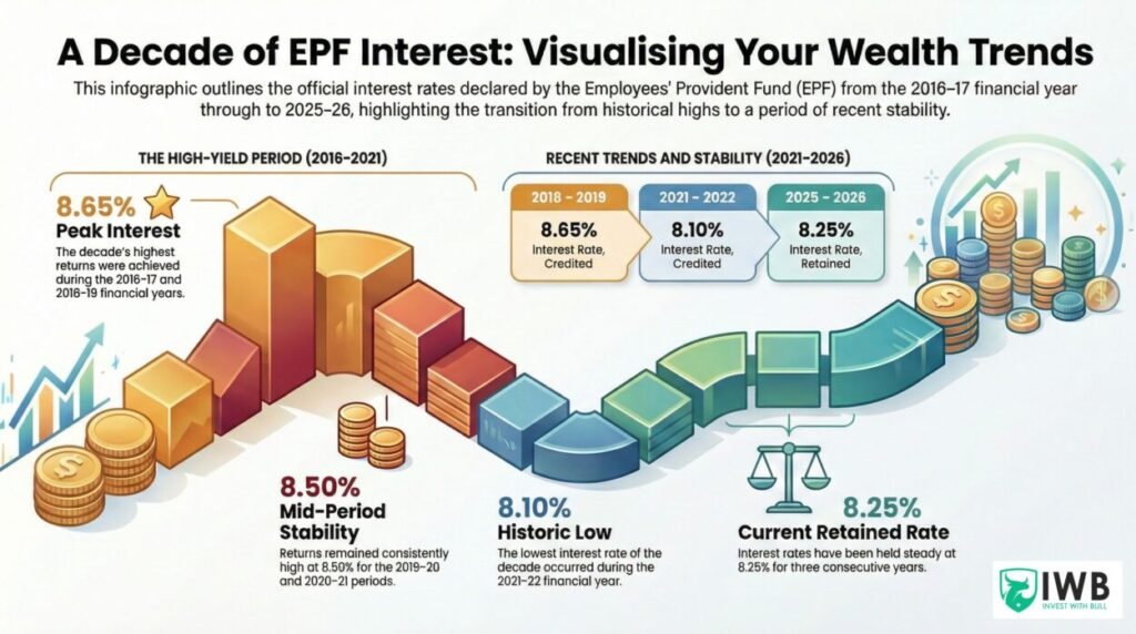 EPFO Interest Rate 2026 Update: 8.25% Retained! What It Means for Your PF & Mutual Fund Strategy 1 Infographic by Invest with Bull visualizing a decade of EPF interest rates from 2016 to 2026, showing historical highs, historic lows, and the current 8.25% stability.