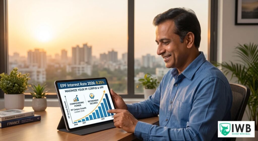 An image of a man in an office analyzing a tablet displaying the EPF Interest Rate 2026 at 8.25%, with graphs and information on how to maximize PF corpus and VPF contributions for secured retirement.